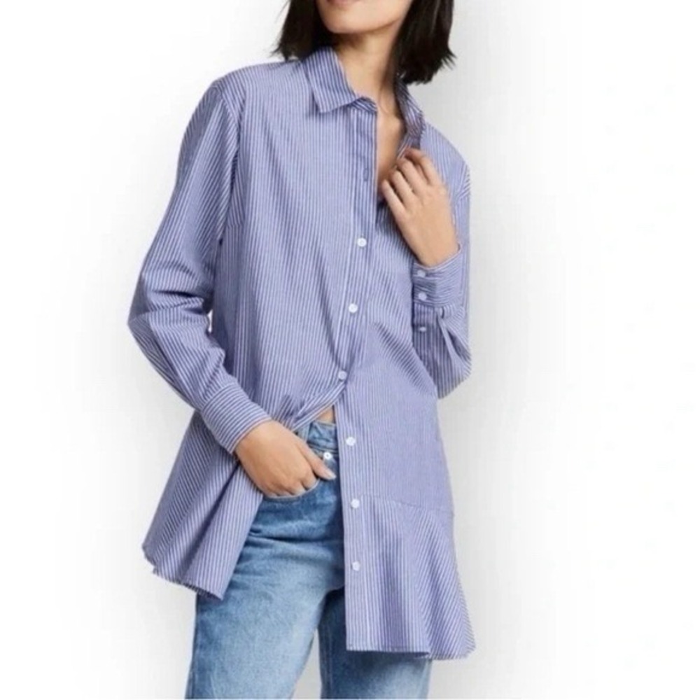 Veronica Beard Blue White Striped Asymmetrical Ruffle Hem Shirt Sz 8 Long Sleeve